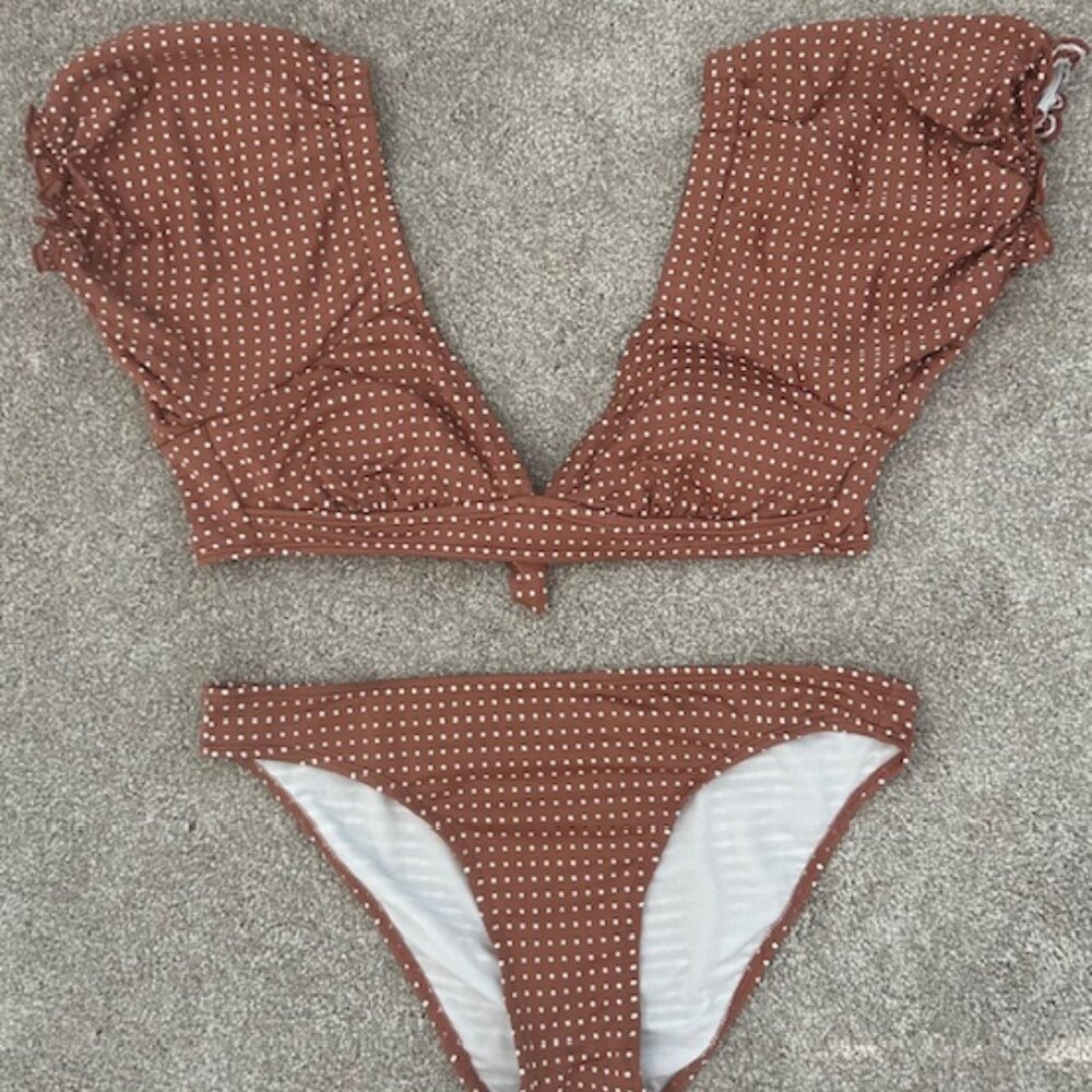 Xhilaration Rust Polka Dot Bikini Set | Puff Sleeve Off Shoulder Top | Size L